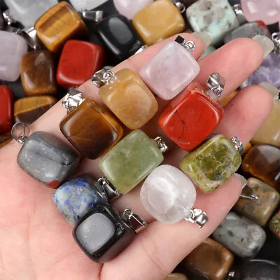 RANDOM Natural Crystal Quartz Agate Irregular Square Cube Block Necklace Pendant • $1.39