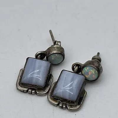 Vintage Sterling Silver Earrings Multicolor Stones Blue And Opal Beautiful Cute • $11