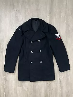 Vintage US Navy Enlisted Overcoat Wool Peacoat Men's 36L Metal Buttons Patches • $89.89