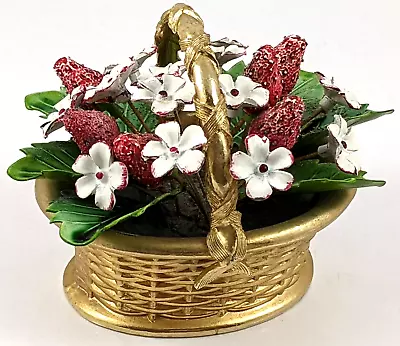 Gold Metal Woven Basket With Enameled Flowering Strawberry Plant Bouquet • $45.99