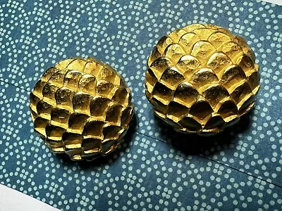 Givenchy Earrings Vintage 80s Gold Signed Domed Button Leaf Scale Clip On  • $110