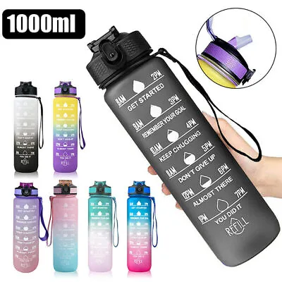 1L Water Bottle Motivational Drink Flask With Time Markings BPA Free Sport Gym • $14.99