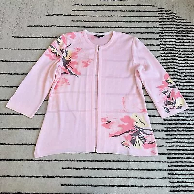 Misook Pink Abstract Floral Open Front Hook Closure Cardigan Women’s Sz Medium • $59.99