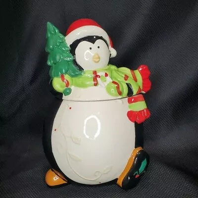 Vintage Cookie Jar Christmas Walking Penguin Ceramic Winter Scarf Tree • $17.90