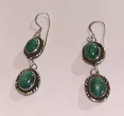 Vtg Native American Navajo  Malachite Dangle Earrings Sterling Silver • $35