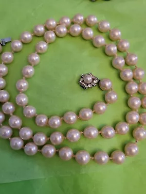 Vintage Signed Vendome Champagne Faux Pearl Rhinestone Clasp 36 Inch Necklace  • $35