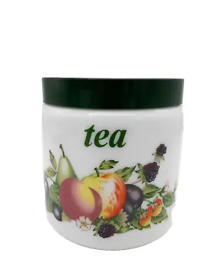 CLP Milk Glass Tea Canister Fruits Design With A Green Screw Lid Retro Vintage  • £9.99