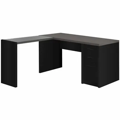 Monarch 60  Contemporary Glass Top L Shaped Writing Desk In Black And Gray • $464.29