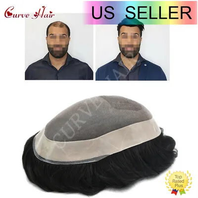 Mens Hairpieces Durable Fine Mono Mens Toupee 1B Off Black Poly Coating Mens Wig • $189