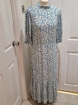 M&S Ghost 14 Blue Ditsy Floral Shirred Sleeves Maxi Boho Dress Holly Willoughby  • £39.99