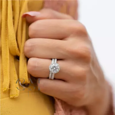 Round Cut Moissanite Bridal Set Engagement Ring Solid 14K White Gold 2.50 Carat • $210.70