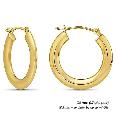 14K Real Solid Yellow Gold Shiny Polished Flat Tube Chunky Creole Hoop Earrings • $169.99