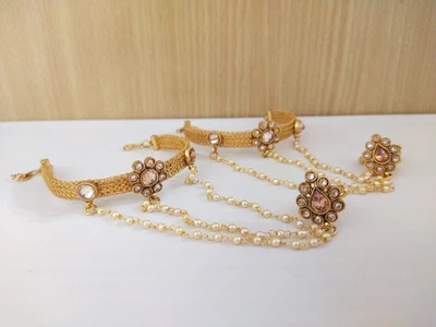 £23.92 • Buy Indian Temple Jewelry Hath Punja Bollywood Ethnic Gold Plated Bracelet With Ring