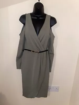 Miss Selfridge Khaki Cold Shoulder Belted Dress Size 12 • £7