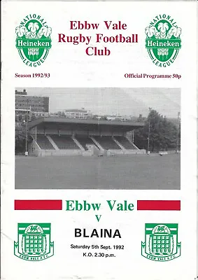 £4.99 • Buy Ebbw Vale v Blaina 5 Sep 1992 Ebbw Vale RUGBY PROGRAMME