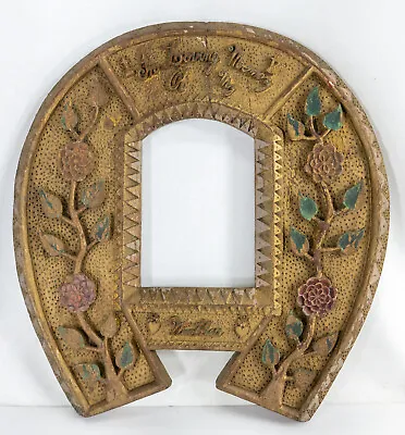 Antique Carved Wood Folk Art Americana Horseshoe Memorial Picture Frame • $250