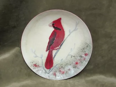 Vintage Enamel On Copper Art Craft Plate With Red Bird / Cardinal On Branch  • $51