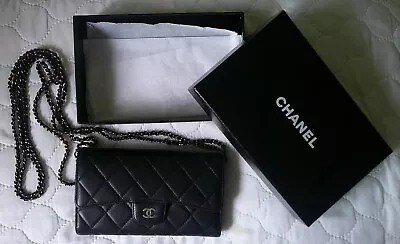 CHANEL Black Lambskin East West Quilted Wallet With Removable Chain And Box • £1000