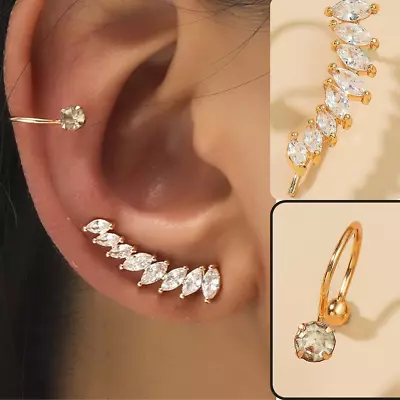 Gold Silver Zircon Leaf Ear Cuff Clip Non Piercing Wrap Earring Womens Jewellery • £3.14