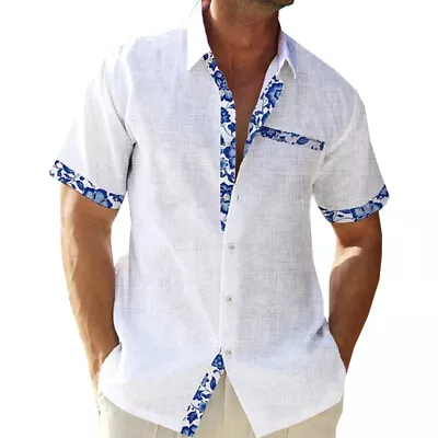 Mens Short Sleeve Color Block Dress Shirt Casual Button-down Pocket Lapel Tops • $3.55