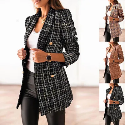 £18.54 • Buy Women's Long Sleeve Plaid Blazer Jacket Ladies Double Breasted Formal Coat Suit