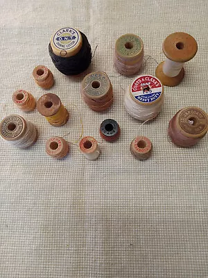 Vintage Lot Of 14 Wooden Sewing Thread Spools With Used Thread  • $5