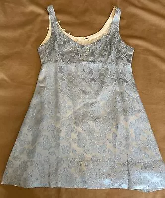 VTG  1960s Blue Brocade Empire Mini Dress W/ Crystals Uneven Hem Sz S? • $55