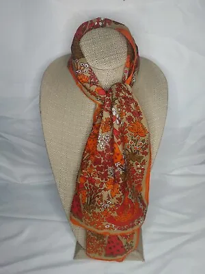 Vtg Retro Long Square Scarf Orange Brown Rust Women Flowers Floral Pilgrim VEUC • $15.95