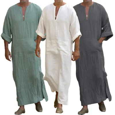 Men Long Linen Jubba Thobe Kaftan Muslim Arab Islamic V-neck Long Sleeve Abaya • $23.78