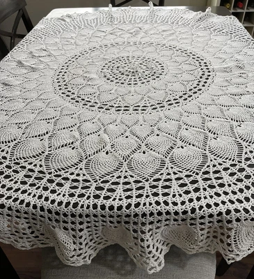 $13.50 • Buy Vintage Hand Crochet 70  Round White Tablecloth Topper Beautiful Condition!