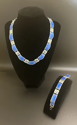 David Andersen Sterling Silver Guilloche Blue Enamel Necklace And Bracelet • $1295