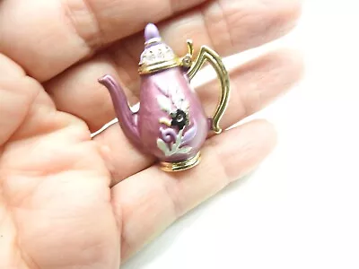 Purple Blue Black Enamel Clear Rhinestone Gold Tone Tea Pot Brooch Vintage • $13.45