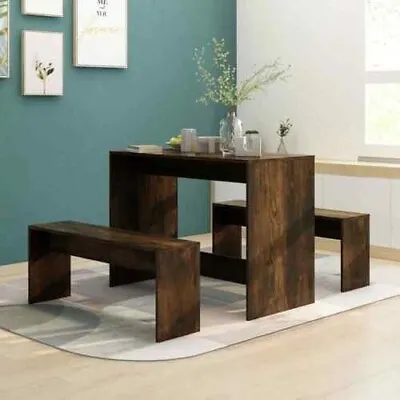 Dining Table With 2 Benches Set Kitchen Compact Space Saving Smoked Oak 4 Seater • £84.49