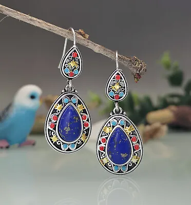 European Retro Colorful Mosaic & Blue Lapis Lazuli Natural Stone Hook Earrings • $11.66