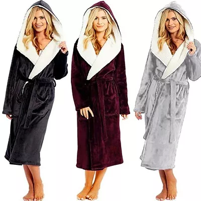 $53.99 • Buy Luxury Long Bath Robe Dressing Gown Hooded Women Ladies Fluffy Fleece Bathrobe