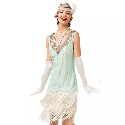 1920s Vintage Sequins Flapper Dress Great Gatsby Party Cocktail Costume Set • $40.84