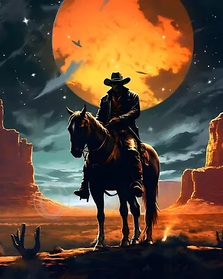 Cowboy & Horse Moon Rising Mojave Desert  Poster Old West Giclée Art Print 8x10 • $7.99