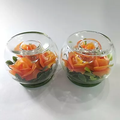 Vintage Candle Holders Round Dome Glass Plastic Flowers Roses Orange Flower Ring • $22.81