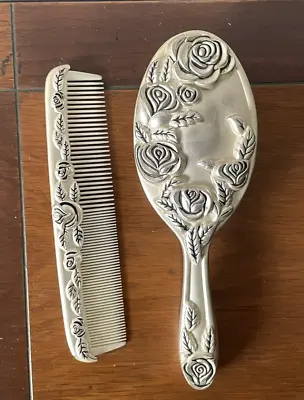 VINTAGE Godinger Silver-Plated Hair Brush & Comb Set Rose Design Vanity Floral • $20.70