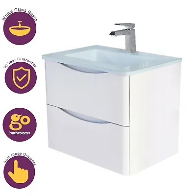 £299 • Buy White Wall Hung Two Drawer Eaton 600mm Bathroom Vanity Unit & White Glass Sink