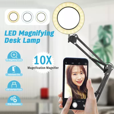 10X Magnifying Desk Lamp LED Dimmable Glass Lens Magnifier Adjustable Arm &Clamp • $39.99