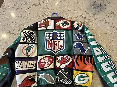 RARE NFL Vintage Custom Handmade Leather Jacket Team Patch Logos Bomber Size XXL • $199.99