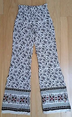 H&M Paisley Print Palazzo Trousers Wide Leg Womens Size 6 White Black Red Soft • £12.85