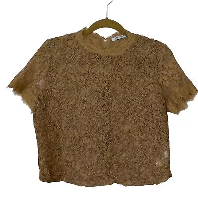ZARA Sz Large Shirt Top Tone On Tone Shirt Sleeves Lace Exposed Zipper Tan Sheer • $24.99