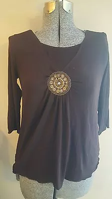 Crave Apparel Maternity Blouse Brown Beaded Design Medium M 3/4 Sleeves CUTE • £12.30