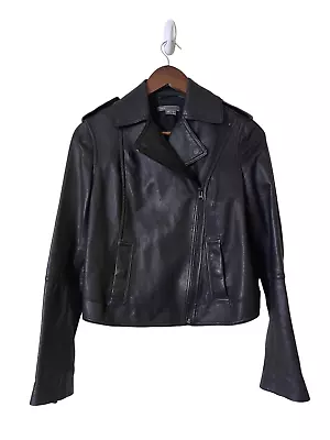 Vince Womens XS Leather Moto Jacket Black Cross Front Pockets Asymmetric Zip • $71.98