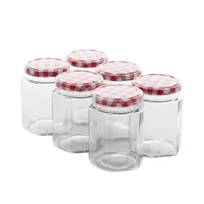 6 X JAM JARS 250ML WIDE MOUTH GLASS PRESERVE POTS GINGHAM RED LIDS MODERN ZENO • £7.95