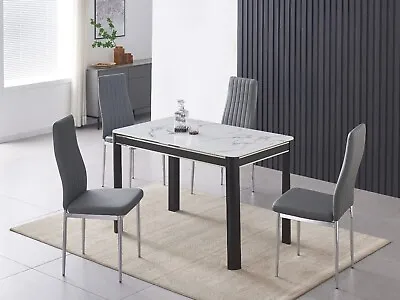 Dining Table Set White Marble Effect Glass Top Metal Frame 4 Faux Leather Chairs • £259