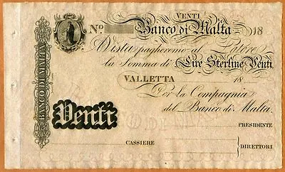 Malta Banco Di Malta 20 Lire 18xx (ca 1886) P-S163 UNC Rare Remainder • $151.71