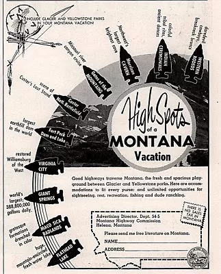 1954 Ad Highest Spots Of A Montana Vacation Arrowheads • $12.99